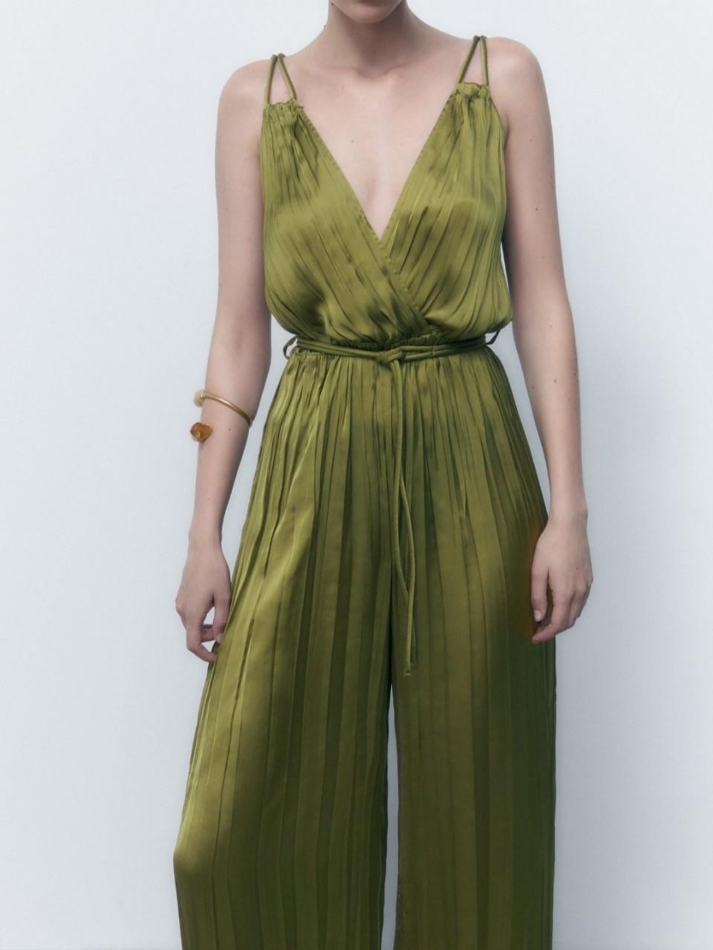 Zara Olive Green Pleated V-Neck Jumpsuit